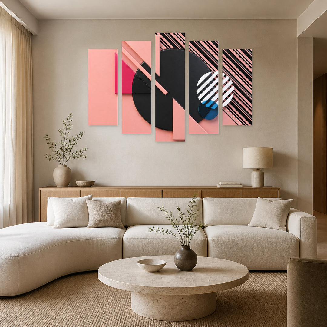 Geometric Shapes Modern Composition — five-panel wall art in alternate frontal interior | 5wallart 54472 M4