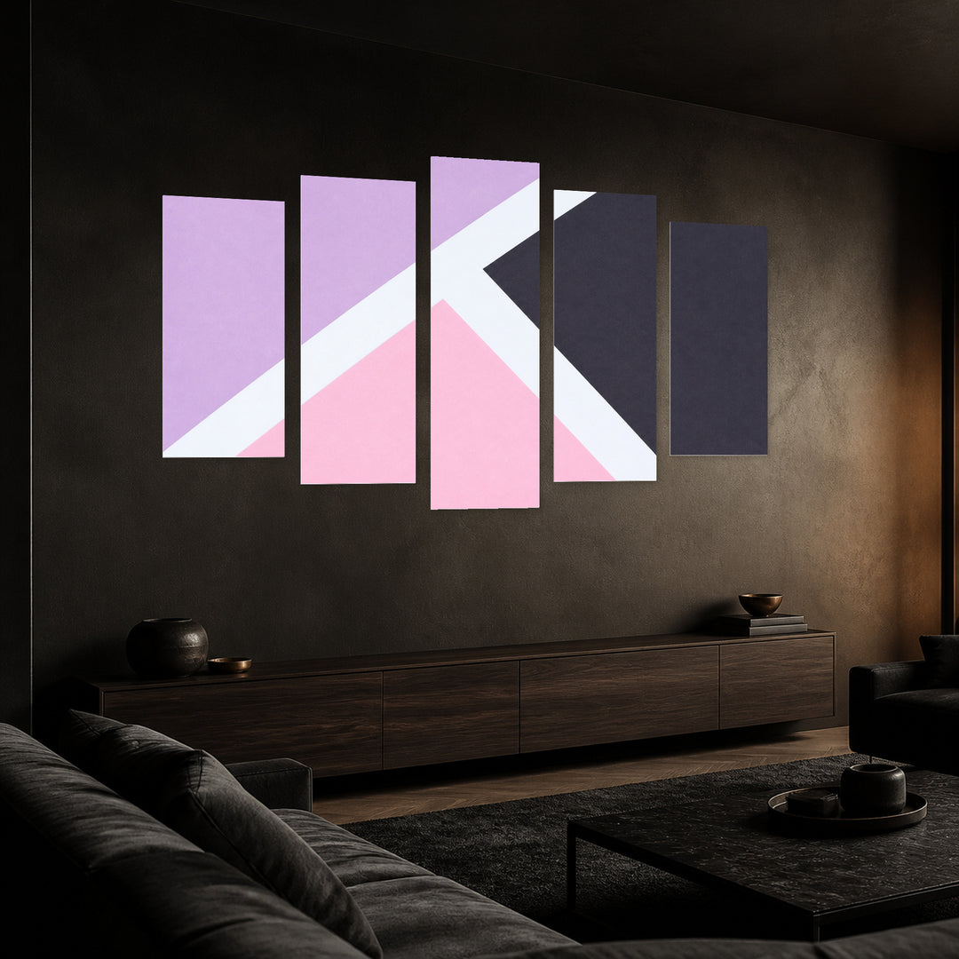 Minimalist Modern Background with Geometric Rhythm — five-panel wall art in perspective interior | 5wallart 54473 M2