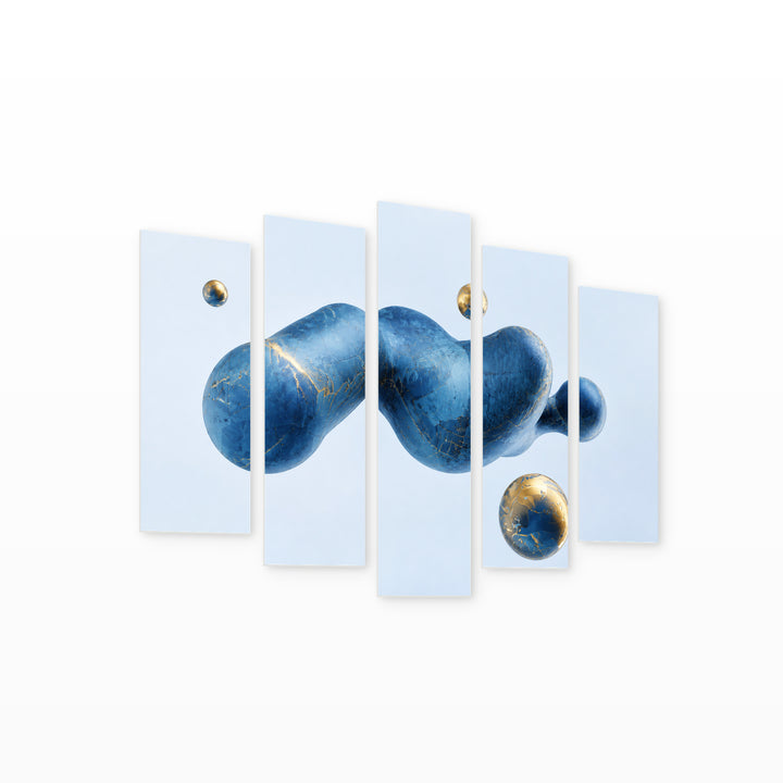 Abstract Modern Dynamic Background in Blue and Gold — five-panel wall art on white background in perspective | 5wallart 54475 M1