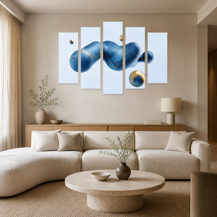 Abstract Modern Dynamic Background in Blue and Gold — five-panel wall art in frontal interior | 5wallart 54475 M3