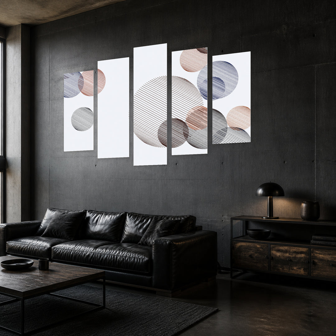 Abstract Background with Random Circles Modern Composition — five-panel wall art in perspective interior | 5wallart 54476 M2