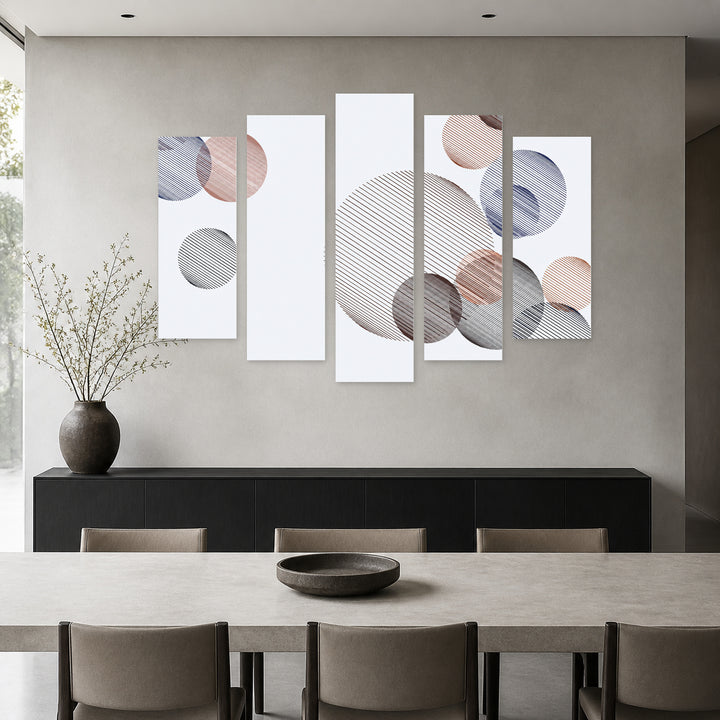 Abstract Background with Random Circles Modern Composition — five-panel wall art in frontal interior | 5wallart 54476 M3