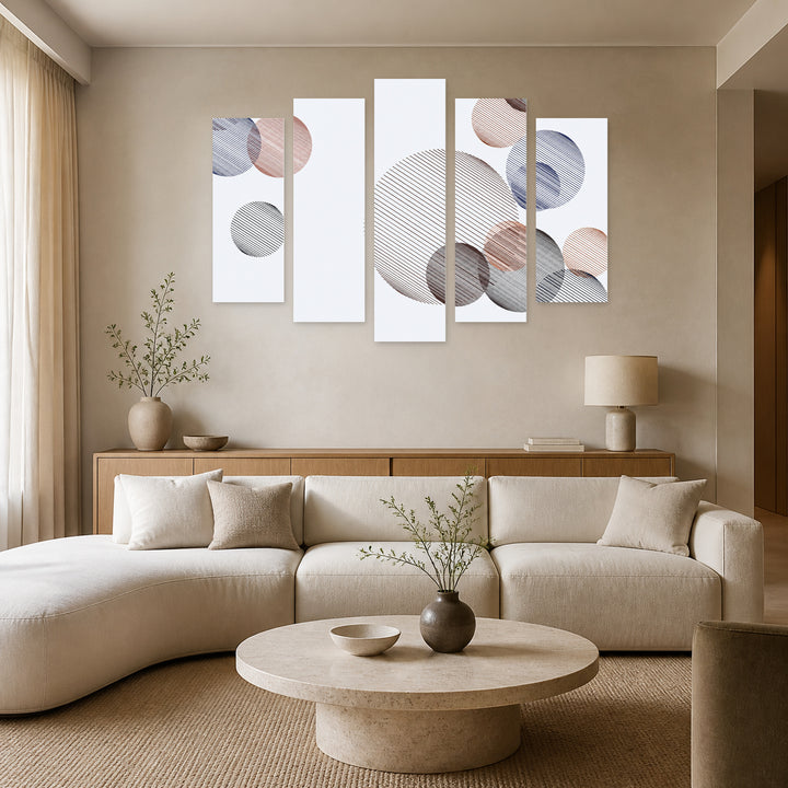 Abstract Background with Random Circles Modern Composition — five-panel wall art in alternate frontal interior | 5wallart 54476 M4