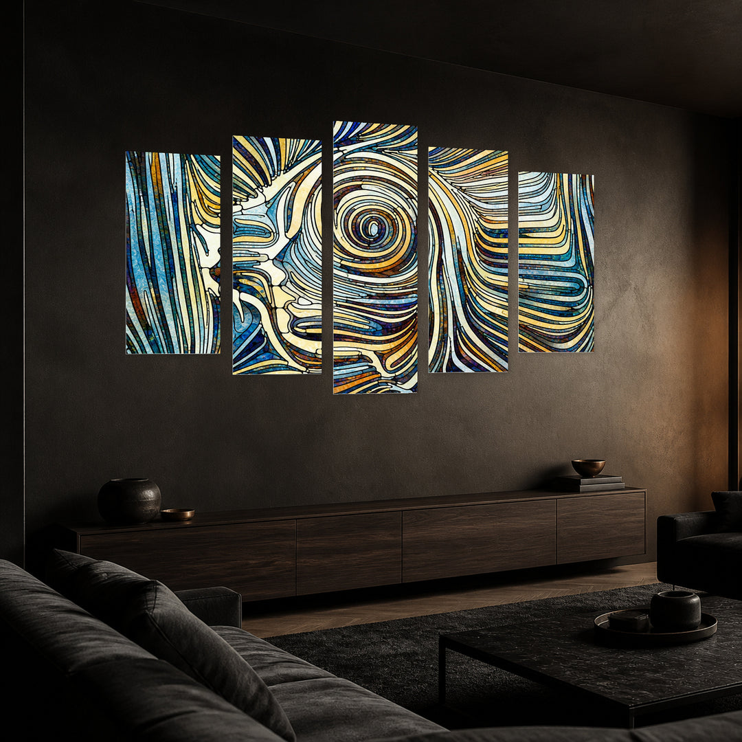Abstract Faces in Vivid Color — five-panel wall art in perspective interior | 5wallart 54477 M2