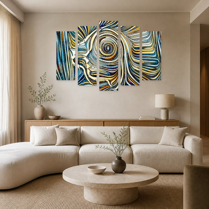 Abstract Faces in Vivid Color — five-panel wall art in frontal interior | 5wallart 54477 M3