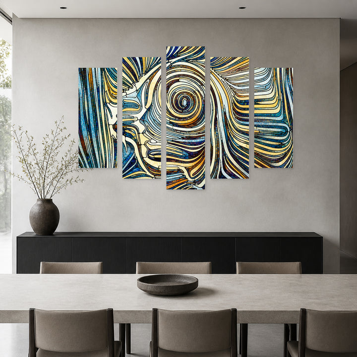 Abstract Faces in Vivid Color — five-panel wall art in alternate frontal interior | 5wallart 54477 M4