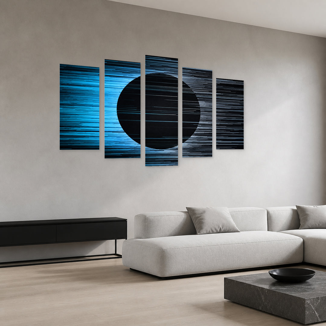 Abstract Background with Horizontal Blue Lines Modern Composition — five-panel wall art in perspective interior | 5wallart 54478 M2