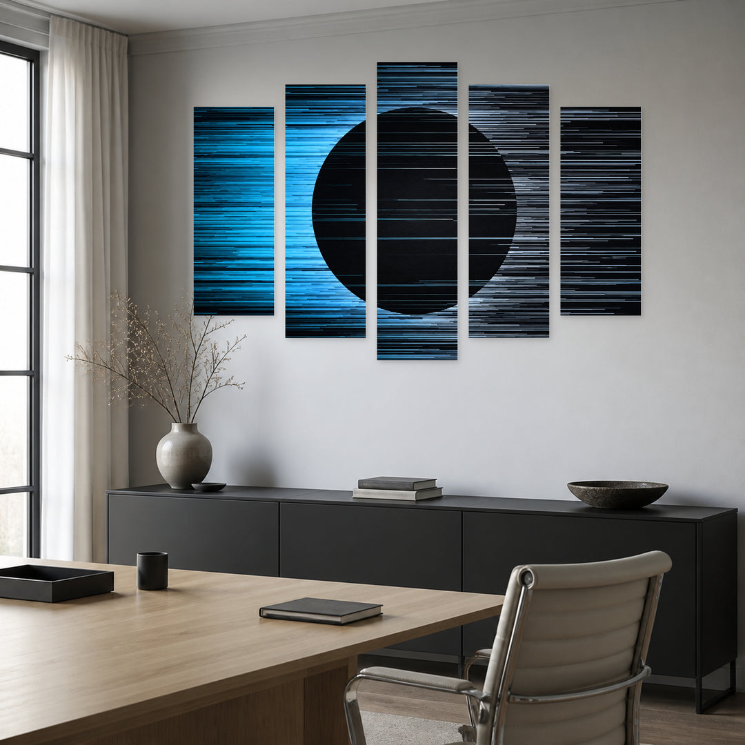 Abstract Background with Horizontal Blue Lines Modern Composition — five-panel wall art in frontal interior | 5wallart 54478 M3