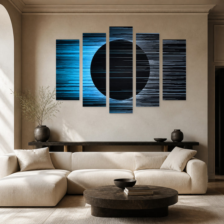 Abstract Background with Horizontal Blue Lines Modern Composition — five-panel wall art in alternate frontal interior | 5wallart 54478 M4