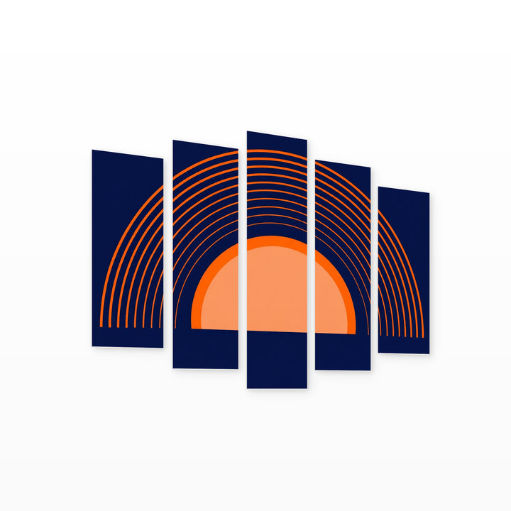 Orange Rainbow on Blue Background with Geometric Rhythm — five-panel wall art on white background in perspective | 5wallart 54482 M1