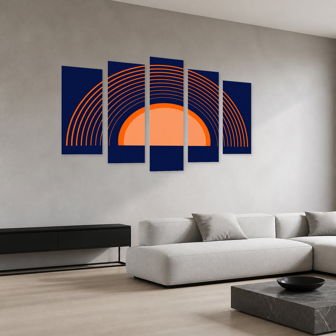 Orange Rainbow on Blue Background with Geometric Rhythm — five-panel wall art in perspective interior | 5wallart 54482 M2