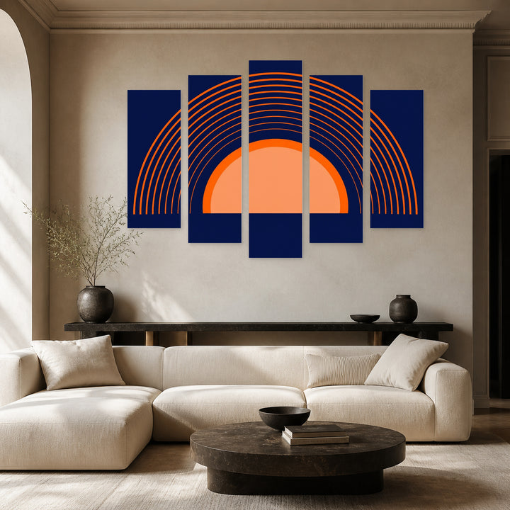 Orange Rainbow on Blue Background with Geometric Rhythm — five-panel wall art in alternate frontal interior | 5wallart 54482 M4