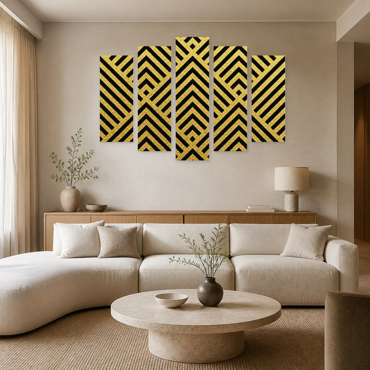 Geometric Golden Pattern in Serene Light — five-panel wall art in frontal interior | 5wallart 54483 M3