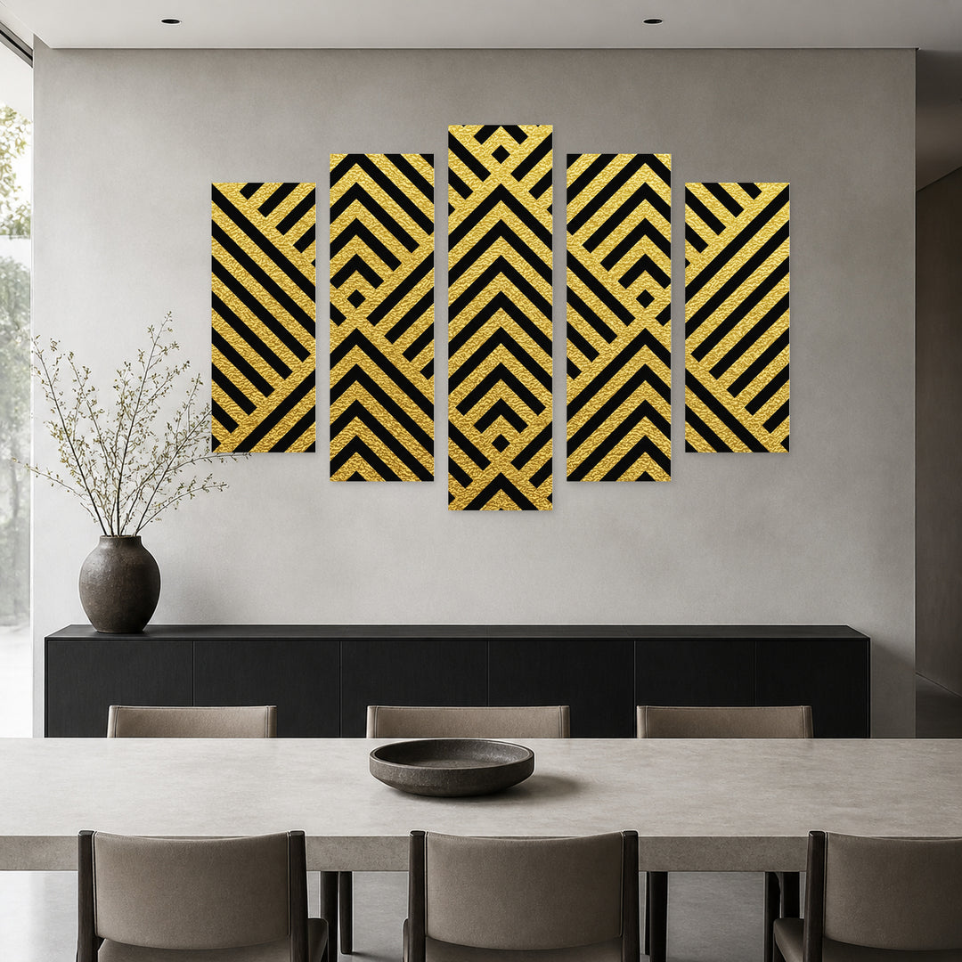 Geometric Golden Pattern in Serene Light — five-panel wall art in alternate frontal interior | 5wallart 54483 M4