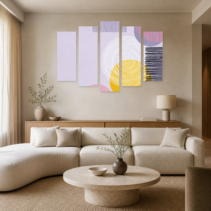Abstract Patchwork Background with Geometric Rhythm — five-panel wall art in frontal interior | 5wallart 54485 M3
