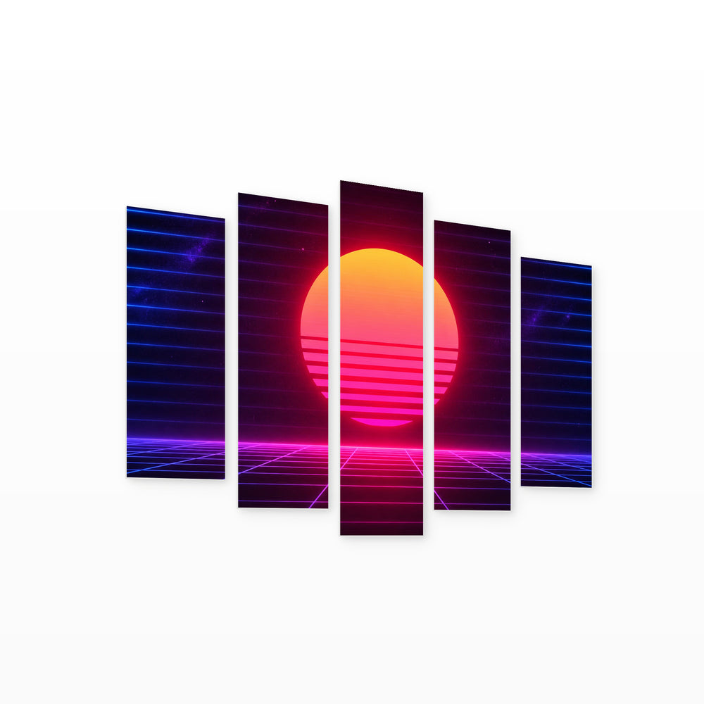 Retro Neon Background at Night — five-panel wall art on white background in perspective | 5wallart 54486 M1
