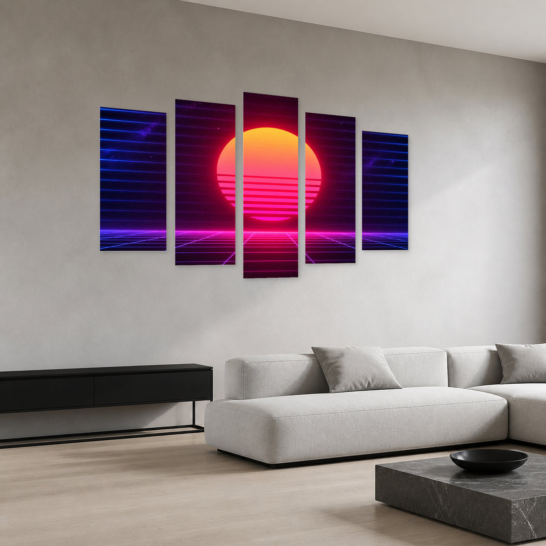 Retro Neon Background at Night — five-panel wall art in perspective interior | 5wallart 54486 M2