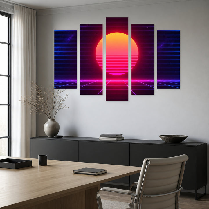 Retro Neon Background at Night — five-panel wall art in frontal interior | 5wallart 54486 M3