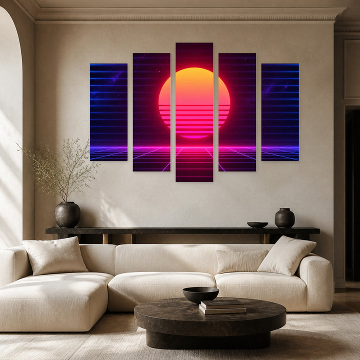 Retro Neon Background at Night — five-panel wall art in alternate frontal interior | 5wallart 54486 M4