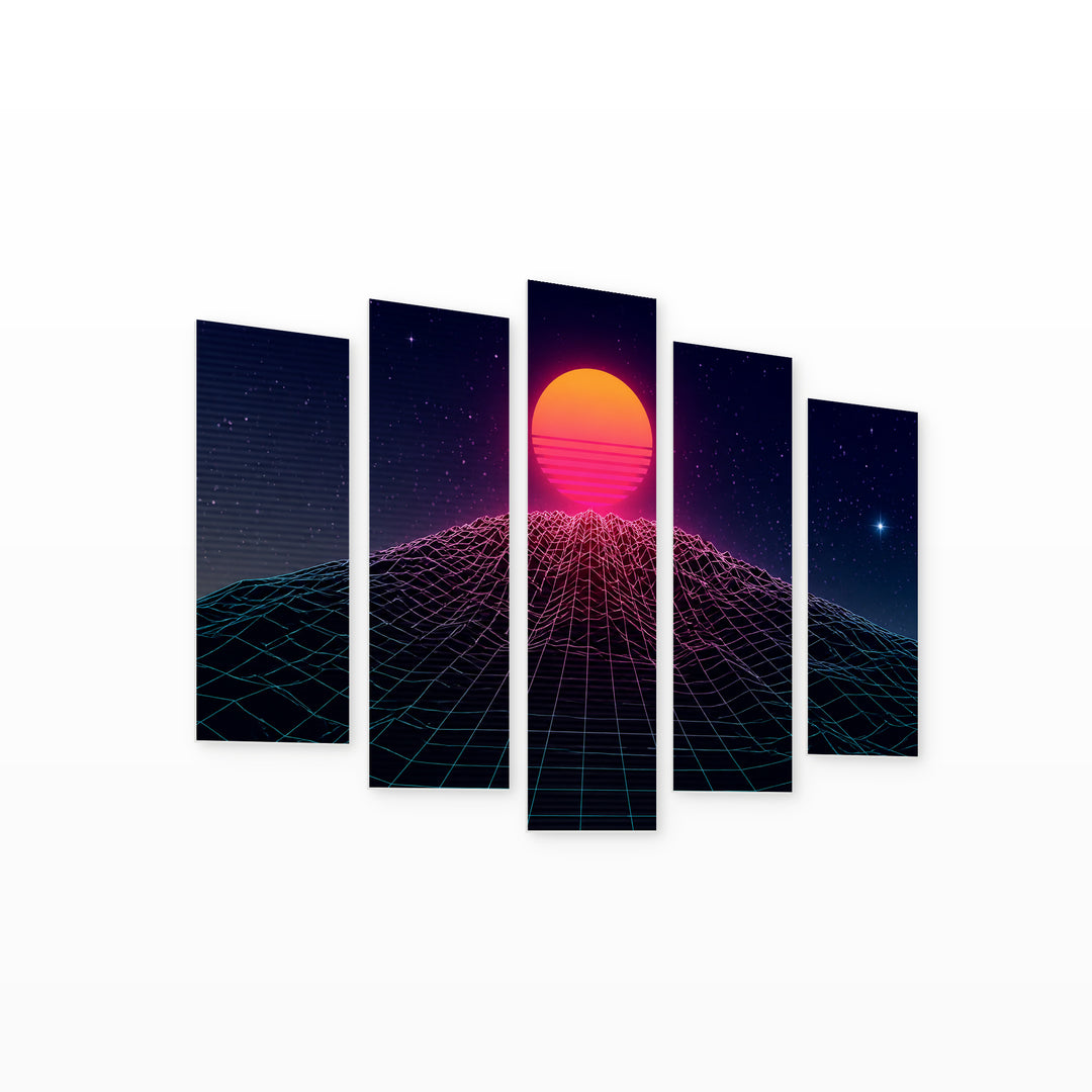 Sun and Dark Starry Sky with Dreamlike Atmosphere — five-panel wall art on white background in perspective | 5wallart 54487 M1