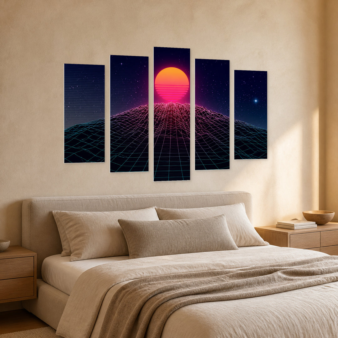 Sun and Dark Starry Sky with Dreamlike Atmosphere — five-panel wall art in perspective interior | 5wallart 54487 M2