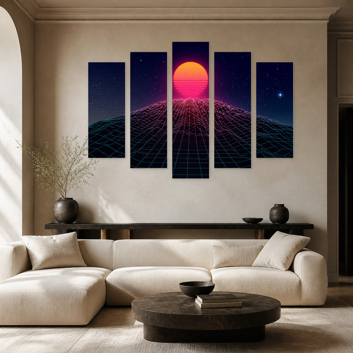 Sun and Dark Starry Sky with Dreamlike Atmosphere — five-panel wall art in frontal interior | 5wallart 54487 M3