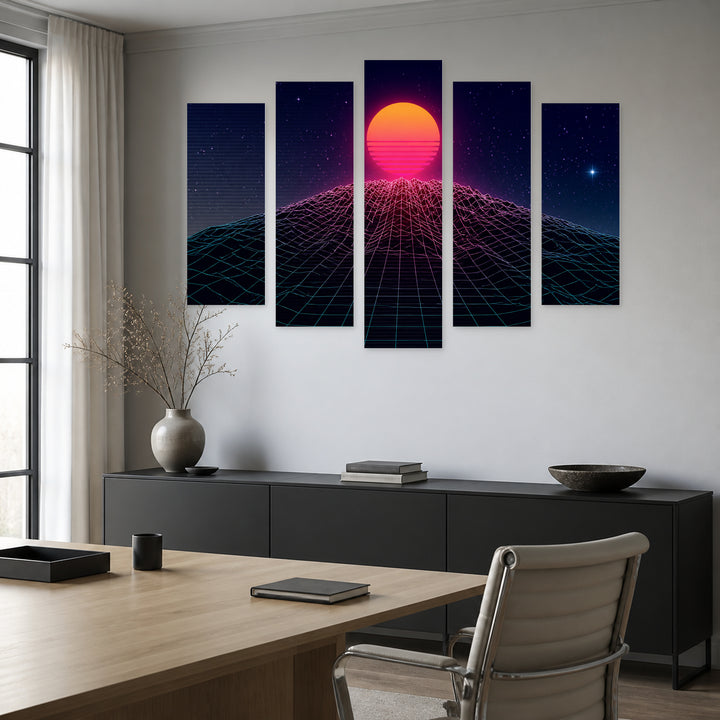 Sun and Dark Starry Sky with Dreamlike Atmosphere — five-panel wall art in alternate frontal interior | 5wallart 54487 M4