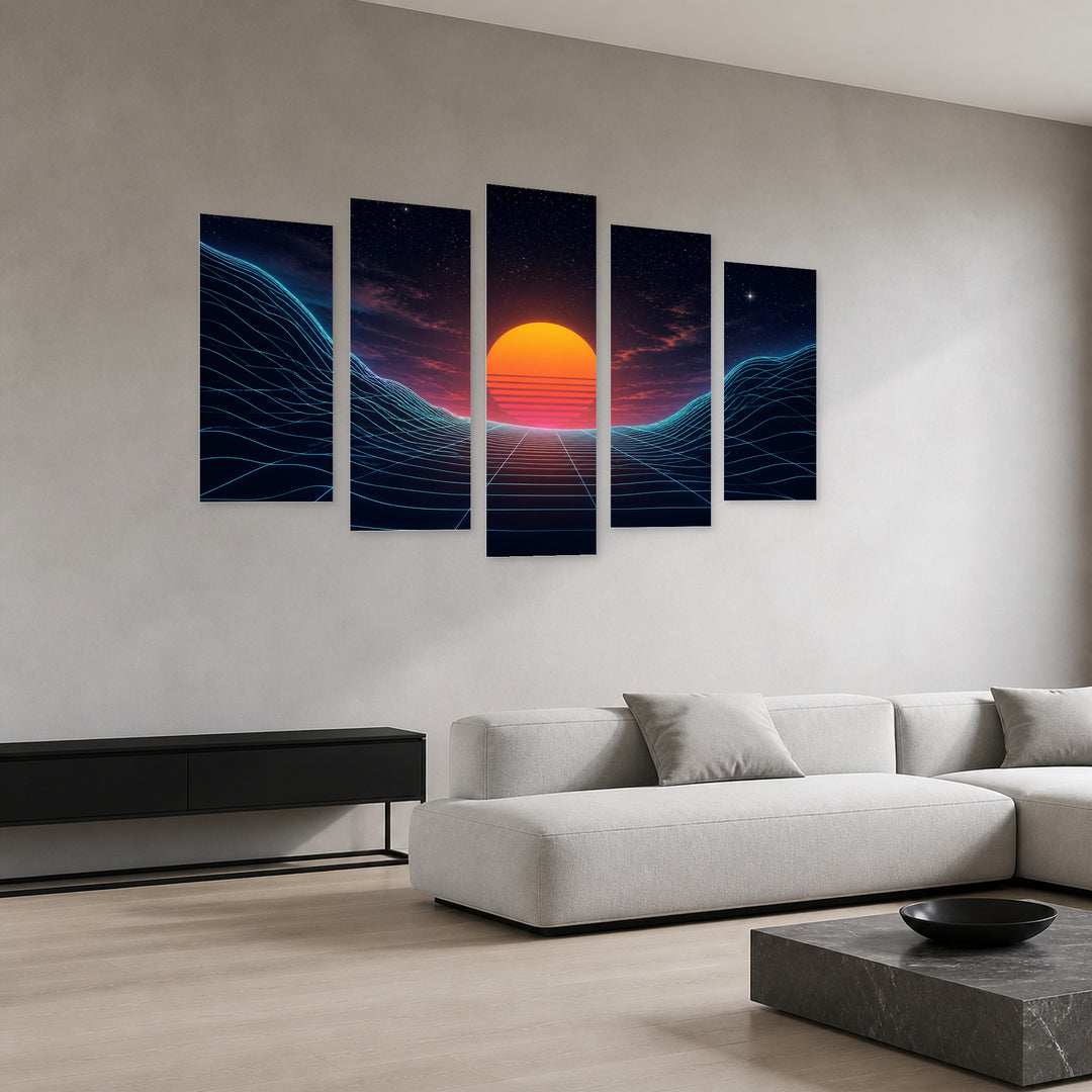 Dark Background with Orange Sun in Serene Light — five-panel wall art in perspective interior | 5wallart 54488 M2