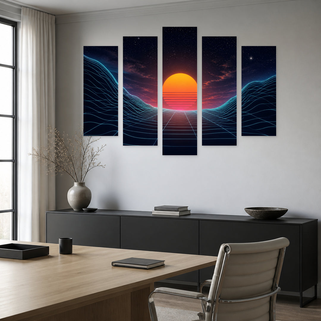 Dark Background with Orange Sun in Serene Light — five-panel wall art in frontal interior | 5wallart 54488 M3