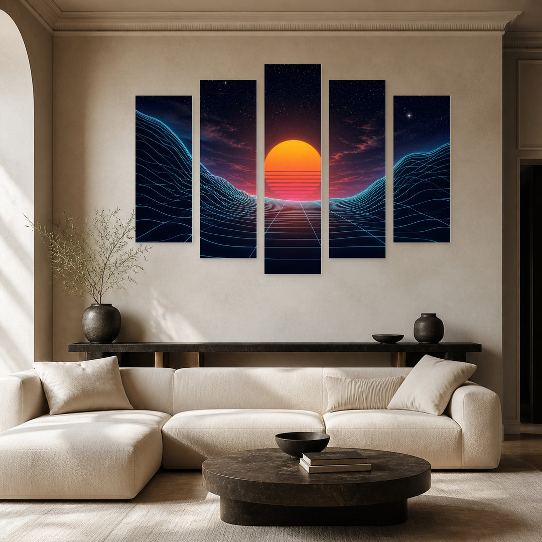 Dark Background with Orange Sun in Serene Light — five-panel wall art in alternate frontal interior | 5wallart 54488 M4