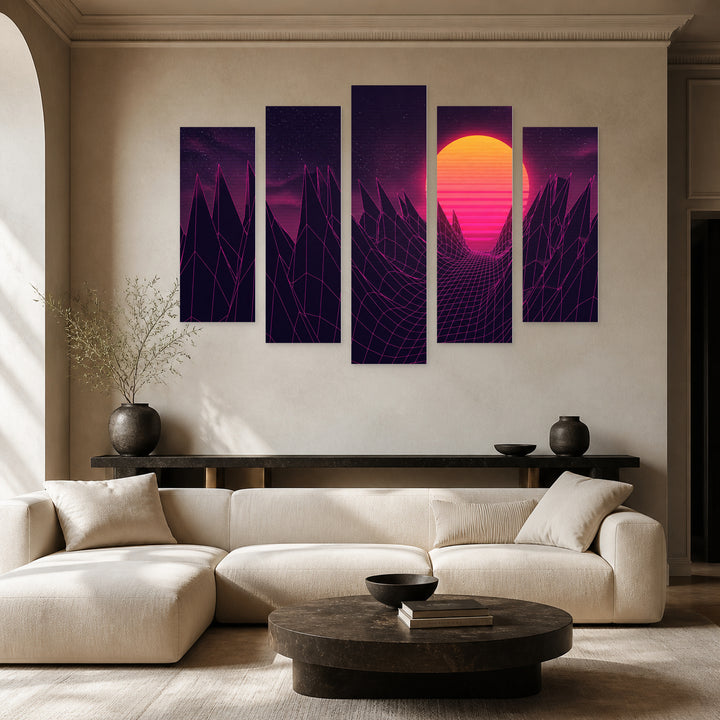 Retro-futuristic Design at Night — five-panel wall art in frontal interior | 5wallart 54489 M3