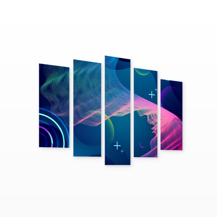 Colorful Geometric Design with Dramatic Contrast — five-panel wall art on white background in perspective | 5wallart 54490 M1