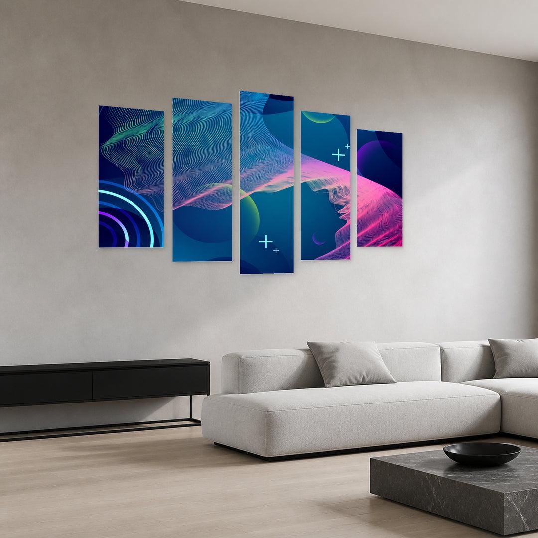 Colorful Geometric Design with Dramatic Contrast — five-panel wall art in perspective interior | 5wallart 54490 M2