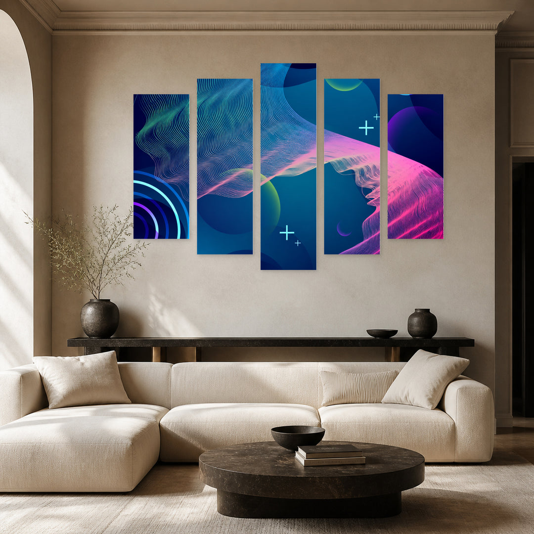 Colorful Geometric Design with Dramatic Contrast — five-panel wall art in alternate frontal interior | 5wallart 54490 M4