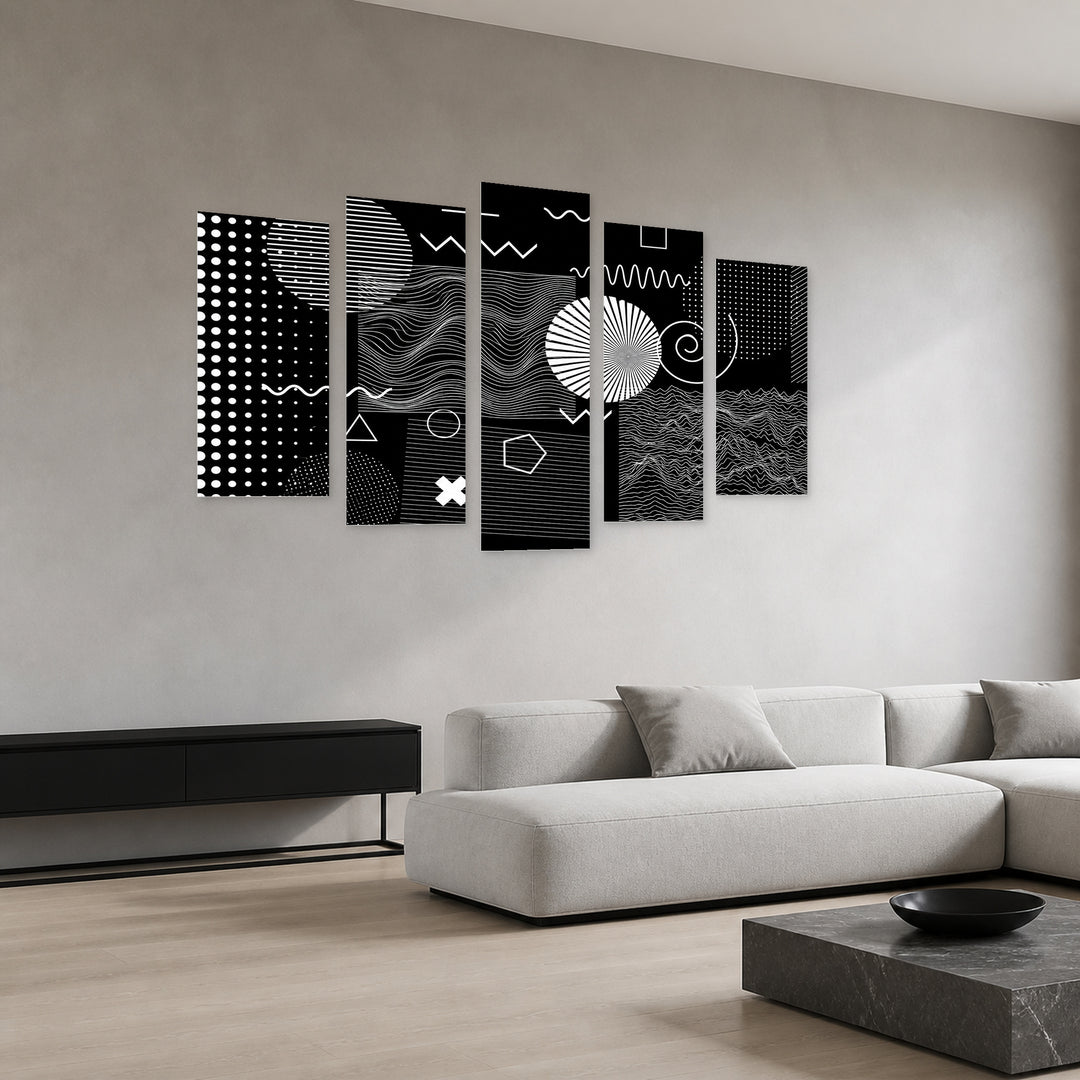 Abstract Shapes in Blue and Gold — five-panel wall art in perspective interior | 5wallart 54492 M2