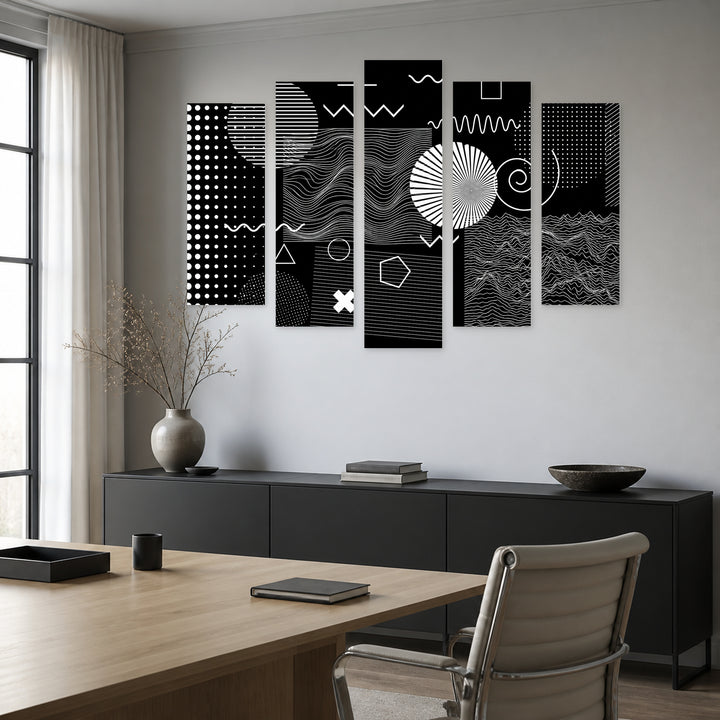Abstract Shapes in Blue and Gold — five-panel wall art in frontal interior | 5wallart 54492 M3