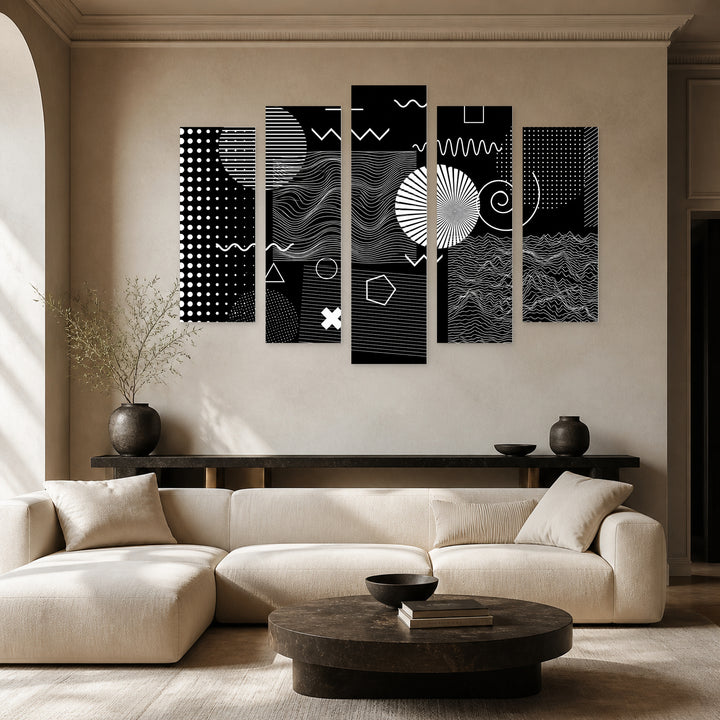 Abstract Shapes in Blue and Gold — five-panel wall art in alternate frontal interior | 5wallart 54492 M4