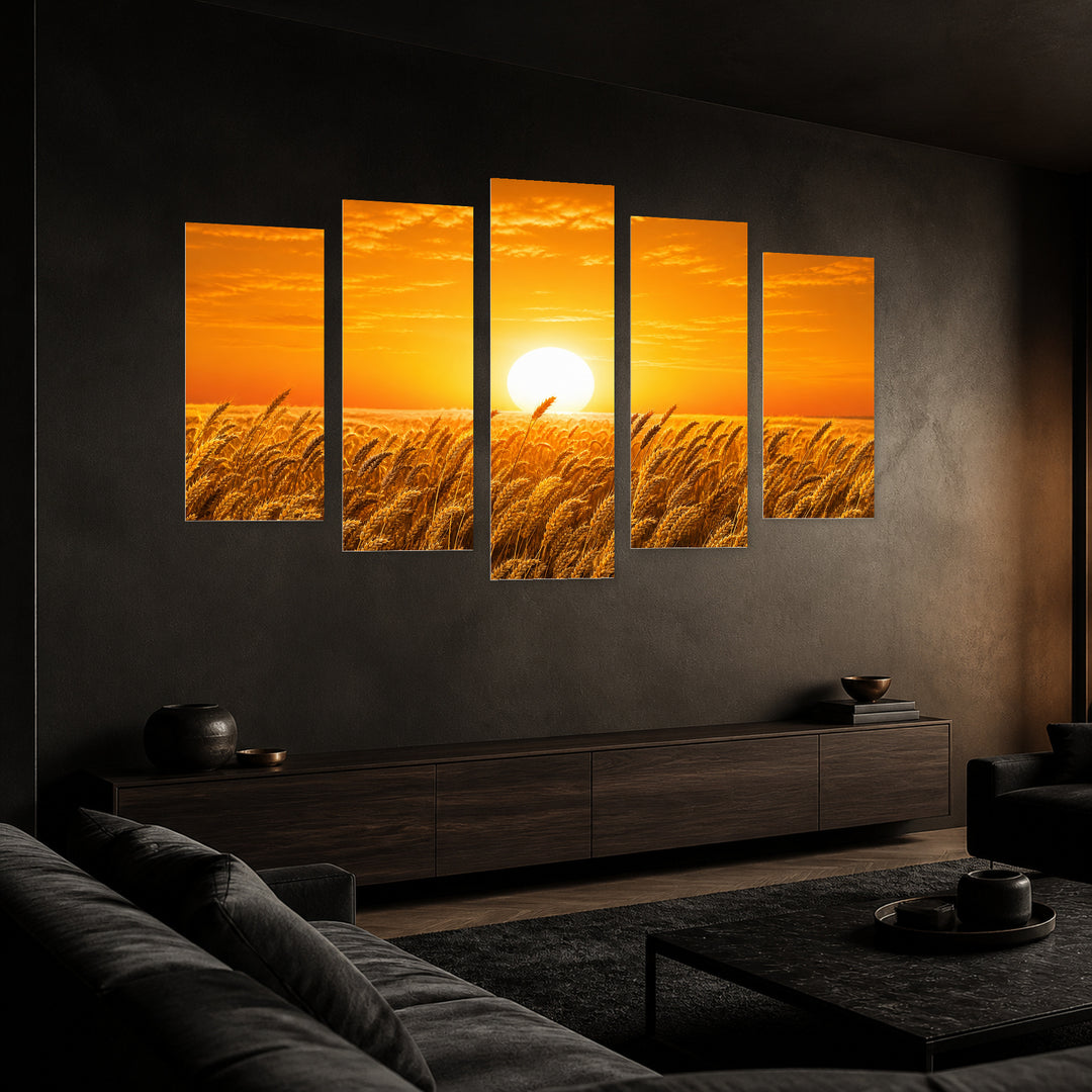 Wheat Field in Serene Light — five-panel wall art in perspective interior | 5wallart 54493 M2