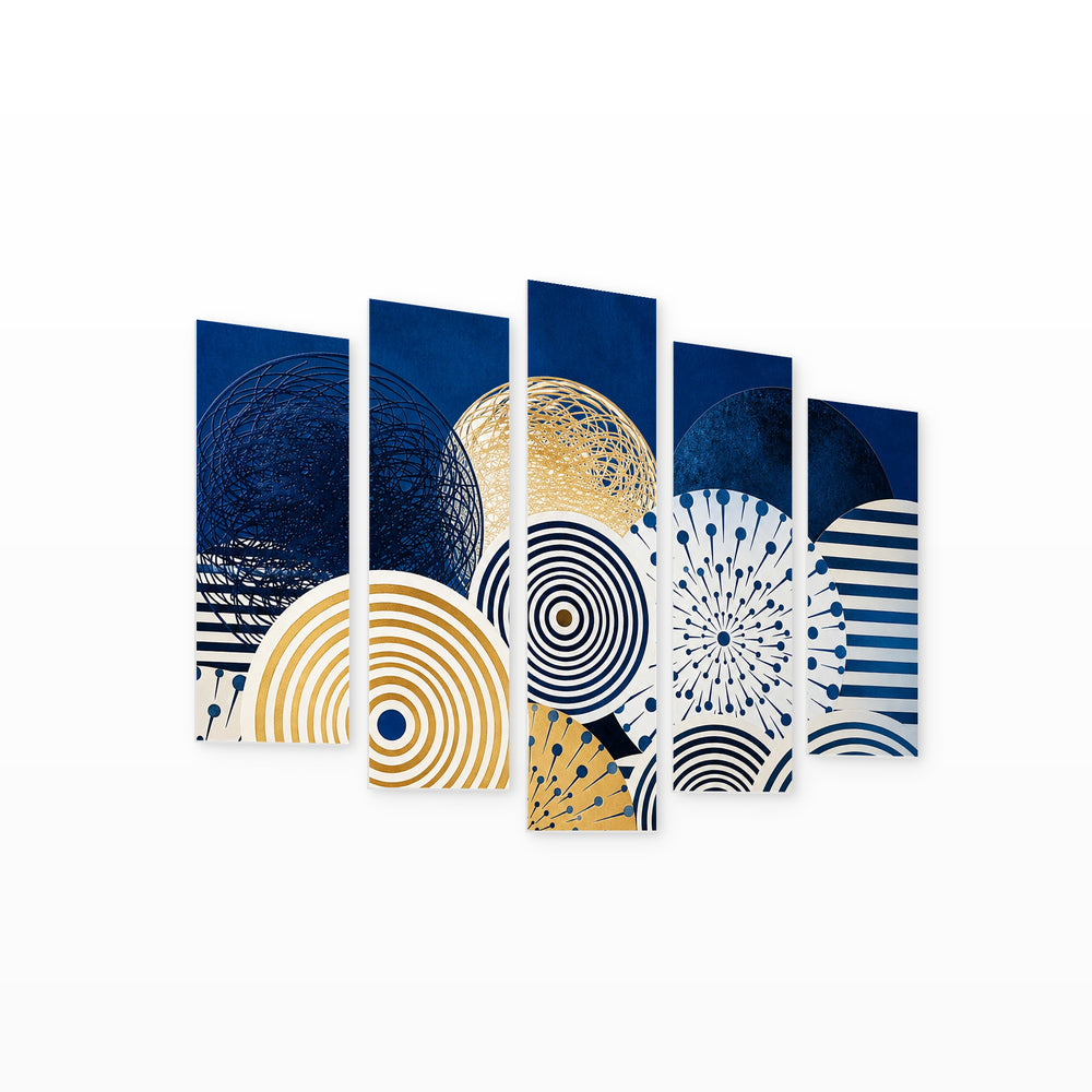 Abstract Elements in Blue and Gold — five-panel wall art on white background in perspective | 5wallart 54494 M1