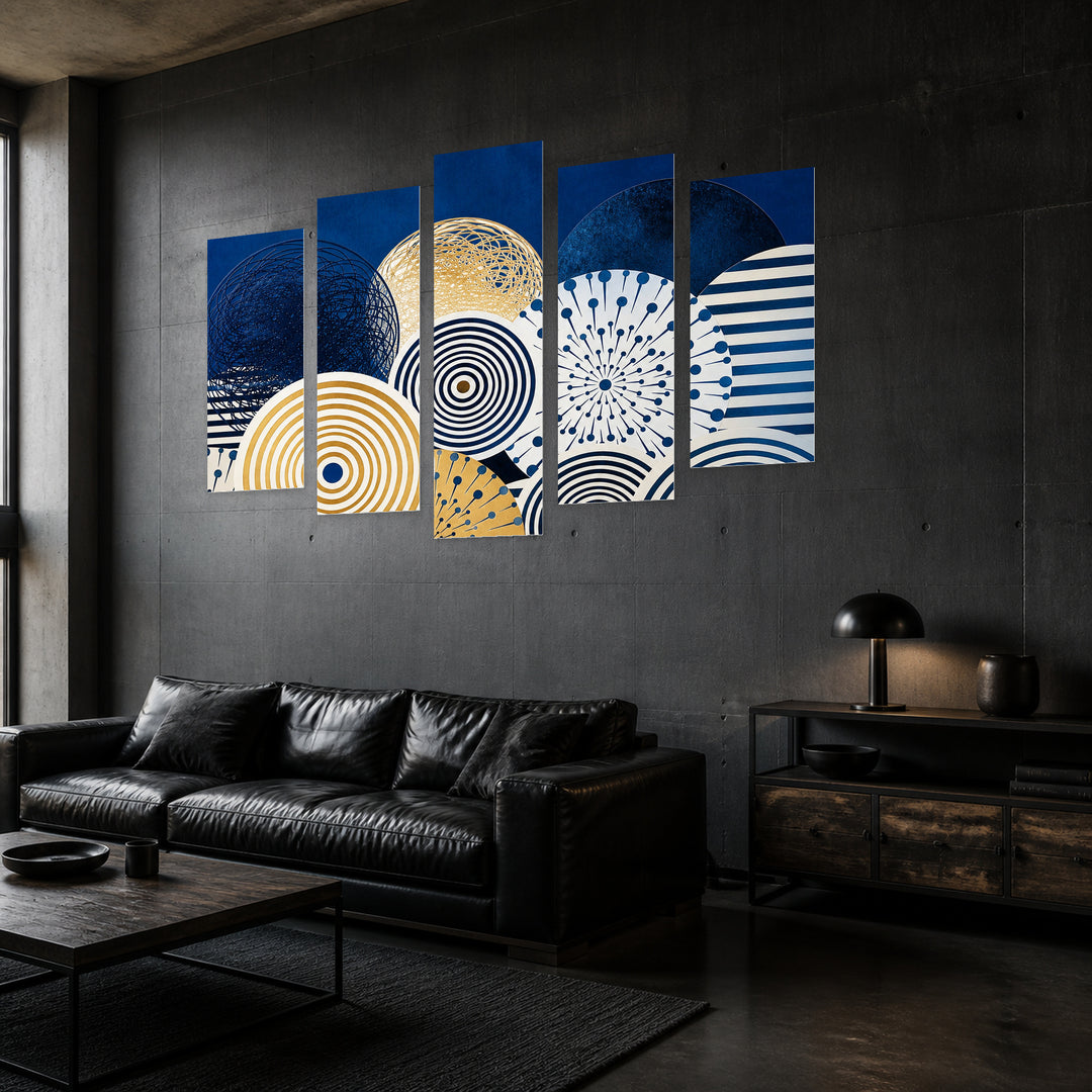 Abstract Elements in Blue and Gold — five-panel wall art in perspective interior | 5wallart 54494 M2