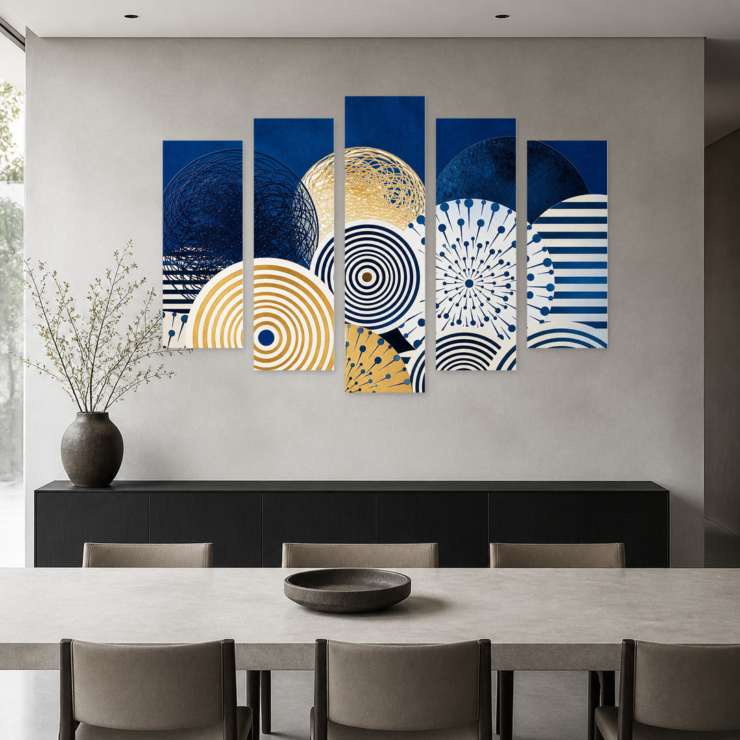 Abstract Elements in Blue and Gold — five-panel wall art in frontal interior | 5wallart 54494 M3