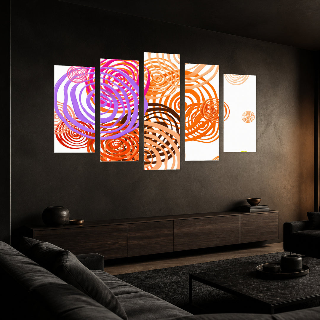 Abstract Illustration with Flowers with Geometric Rhythm — five-panel wall art in perspective interior | 5wallart 54495 M2