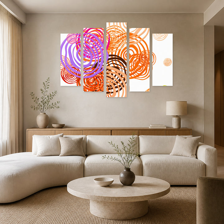 Abstract Illustration with Flowers with Geometric Rhythm — five-panel wall art in frontal interior | 5wallart 54495 M3