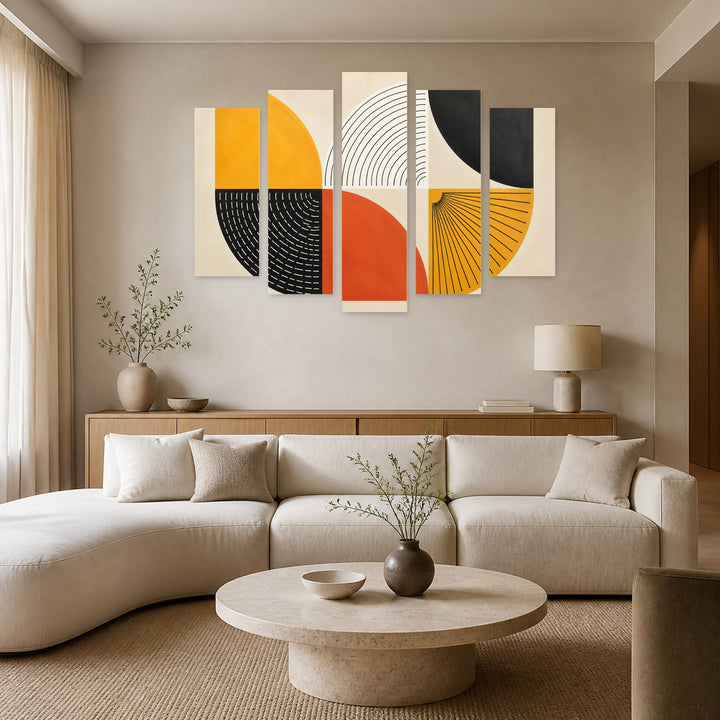 Minimalist Geometric Abstract Design in Serene Light — five-panel wall art in alternate frontal interior | 5wallart 54496 M4