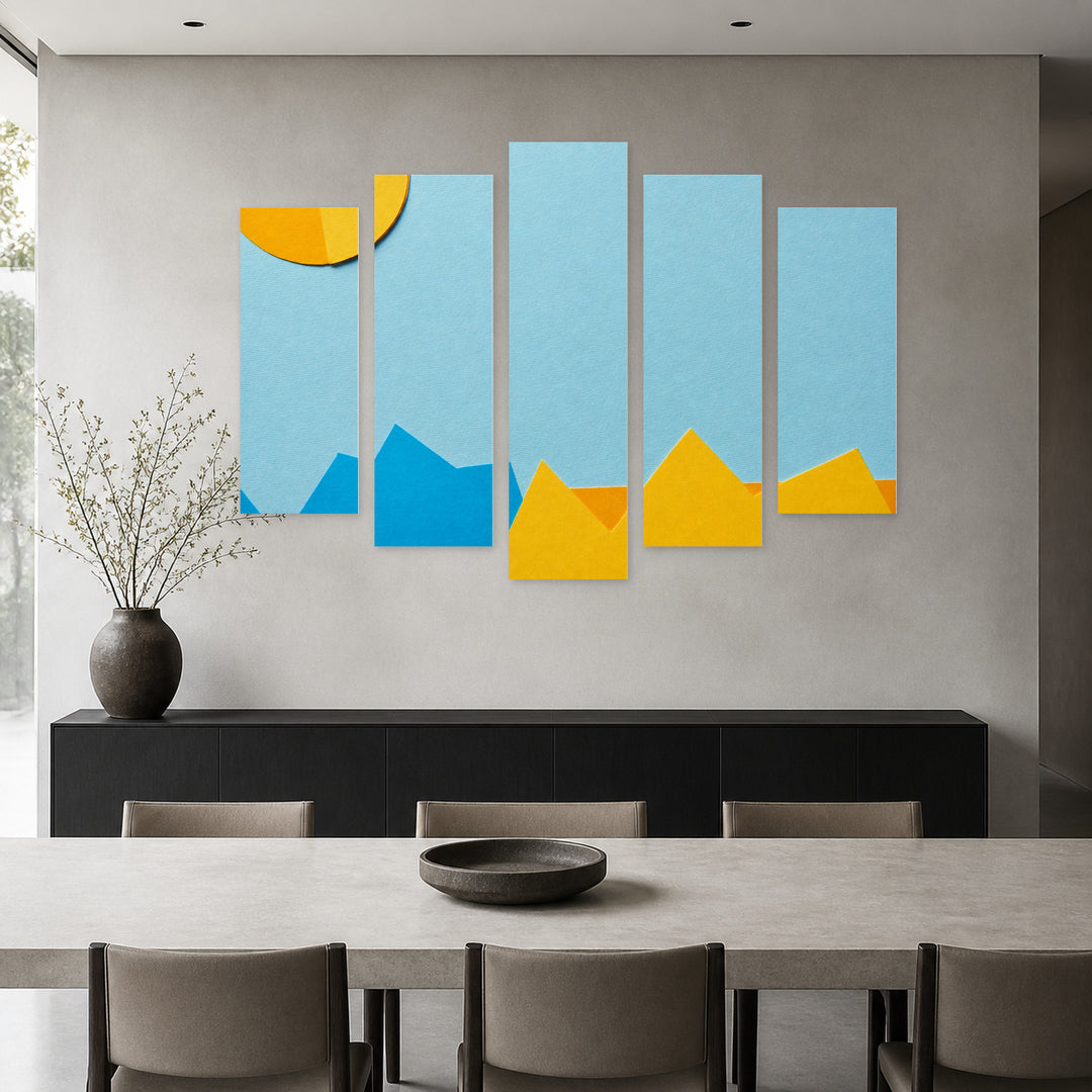 Blue Textured Background with Paper Details Modern Composition — five-panel wall art in alternate frontal interior | 5wallart 54497 M4