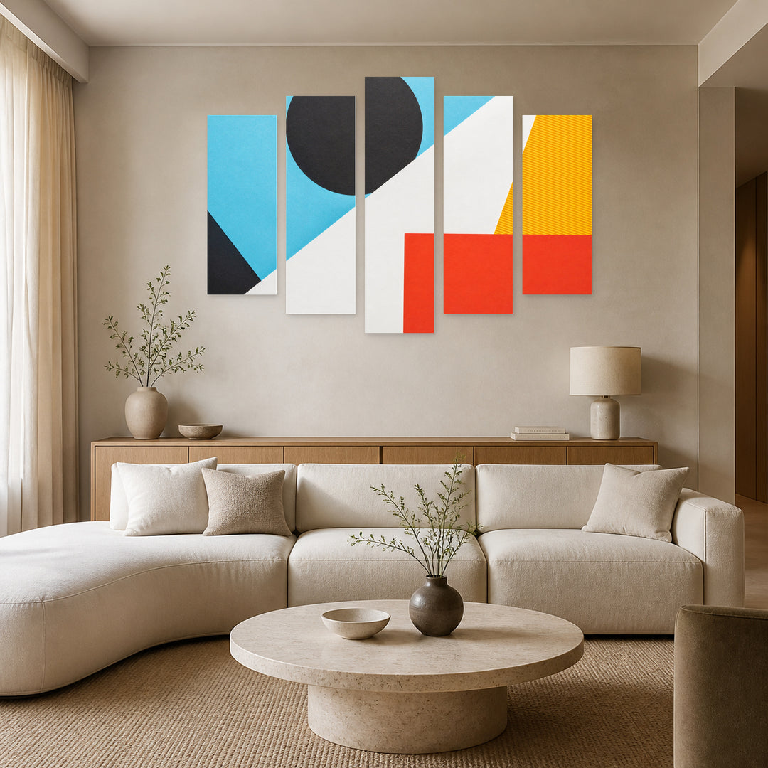 Colorful Abstract Geometric Background Modern Composition — five-panel wall art in alternate frontal interior | 5wallart 54498 M4