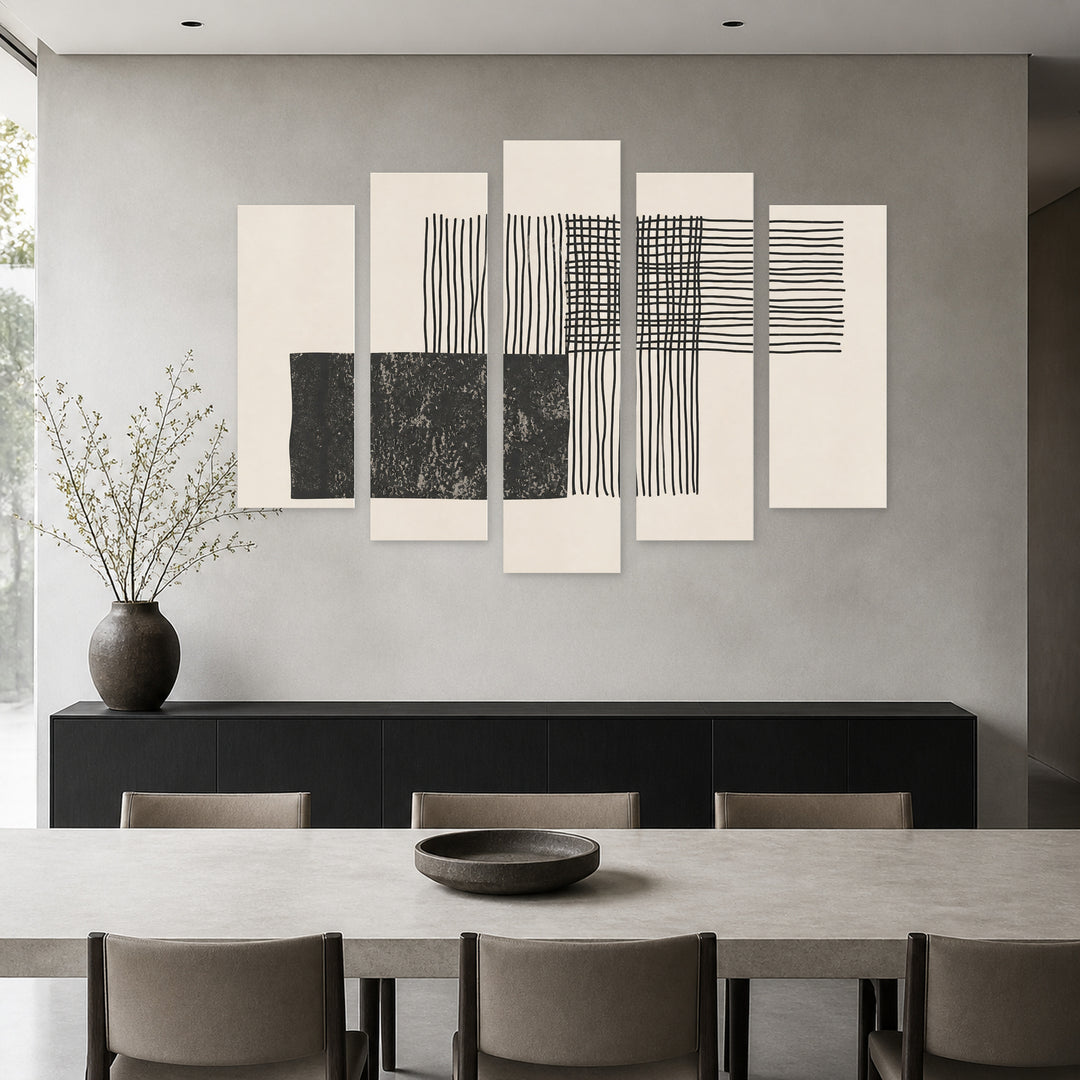 Fashionable Abstract Composition with Geometric Rhythm — five-panel wall art in frontal interior | 5wallart 54500 M3