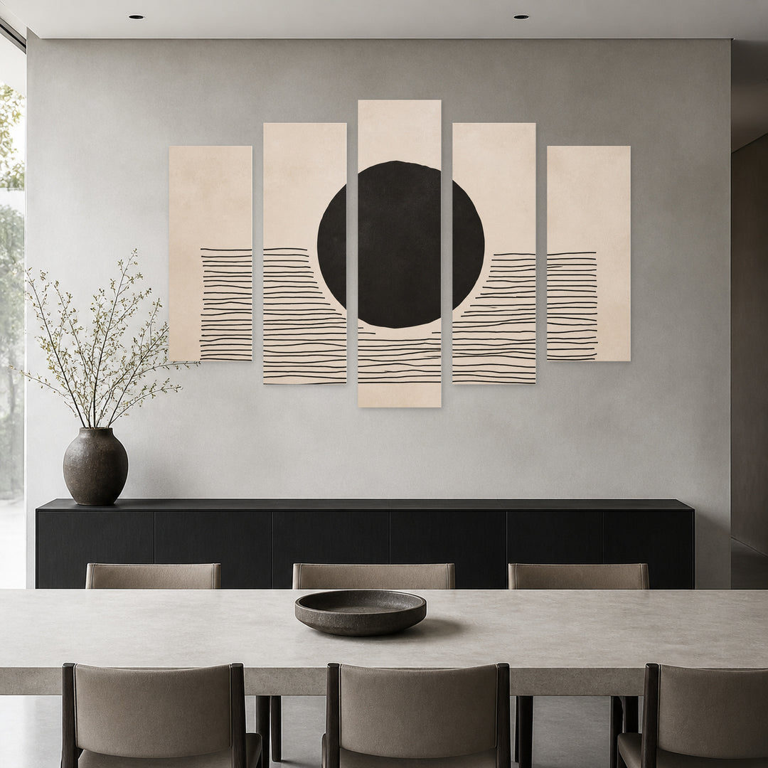 Abstract Composition with Sun with Geometric Rhythm — five-panel wall art in alternate frontal interior | 5wallart 54501 M4