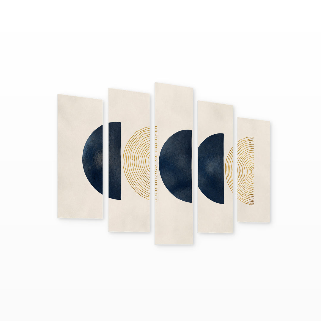 Abstract Composition of Crescents in Blue and Gold — five-panel wall art on white background in perspective | 5wallart 54502 M1