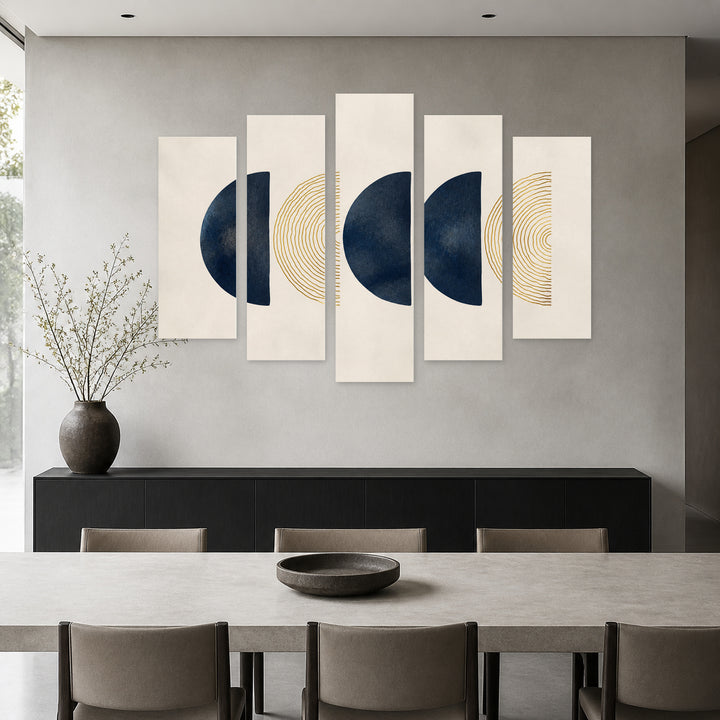 Abstract Composition of Crescents in Blue and Gold — five-panel wall art in frontal interior | 5wallart 54502 M3